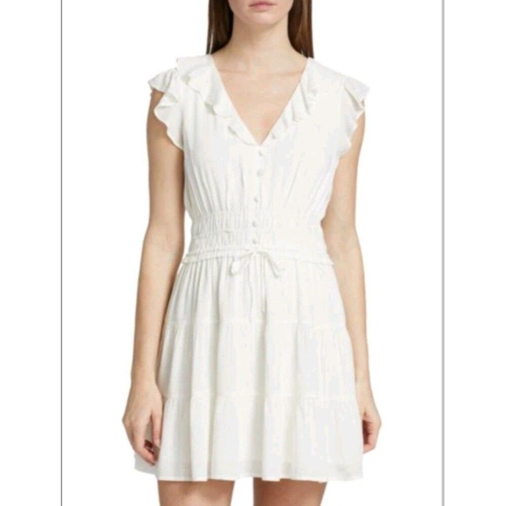 PAIGE Womens Dress Sz L Paradis Tiered Ruffle White Mini Vneck Boho Festival 438